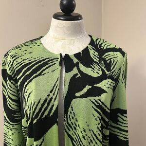 Ming Wang green,black and white animal print sweater jacket.